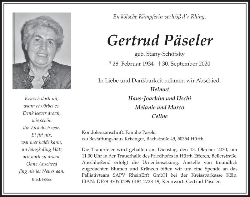  Traueranzeige für Gertrud Päseler vom 09.10.2020 aus  Wochenende 