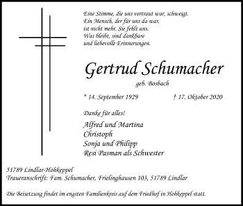 Anzeige von Gertrud Schumacher von Kölner Stadt-Anzeiger / Kölnische Rundschau / Express