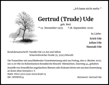 Anzeige von Gertrud Ude von Kölner Stadt-Anzeiger / Kölnische Rundschau / Express