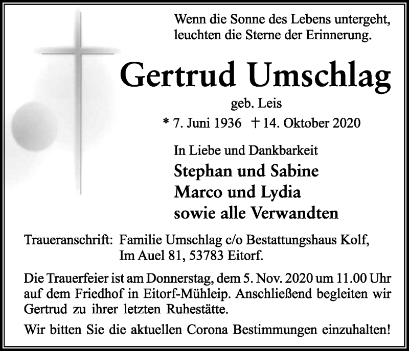  Traueranzeige für Gertrud Umschlag vom 31.10.2020 aus Kölner Stadt-Anzeiger / Kölnische Rundschau / Express