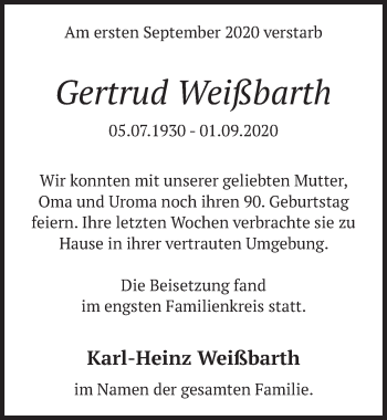 Anzeige von Gertrud Weißbarth von  Schlossbote/Werbekurier 