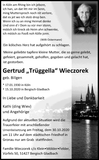 Anzeige von Gertrud Wieczorek von Kölner Stadt-Anzeiger / Kölnische Rundschau / Express