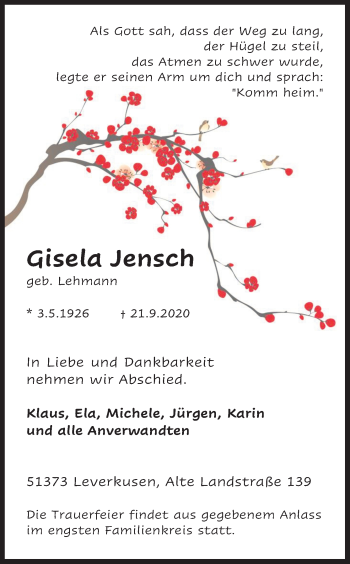 Anzeige von Gisela Jensch von Kölner Stadt-Anzeiger / Kölnische Rundschau / Express