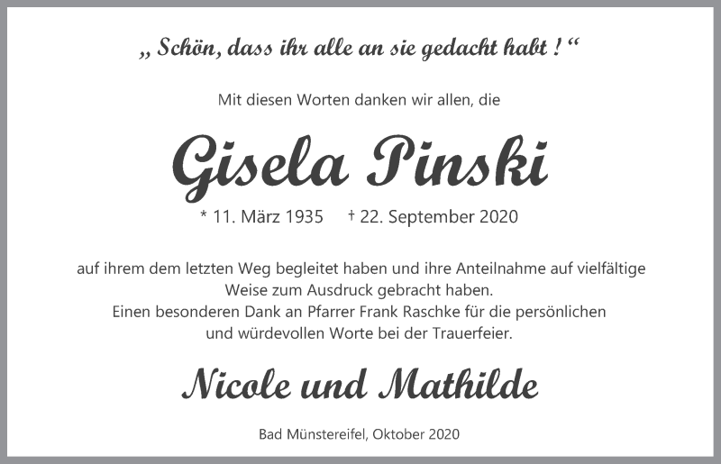  Traueranzeige für Gisela Pinski vom 24.10.2020 aus  Blickpunkt Euskirchen 