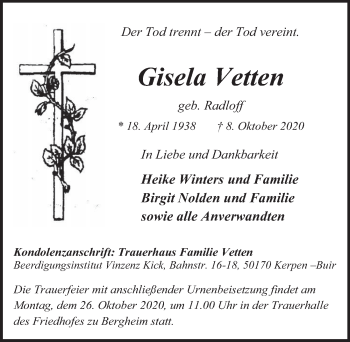 Anzeige von Gisela Vetten von  Werbepost 