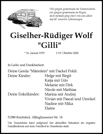 Anzeige von Giselher-Rüdiger Wolf von  Anzeigen Echo 