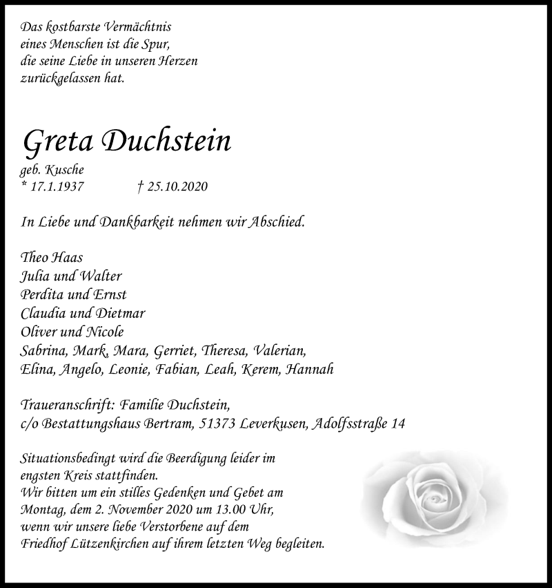  Traueranzeige für Greta Duchstein vom 30.10.2020 aus Kölner Stadt-Anzeiger / Kölnische Rundschau / Express