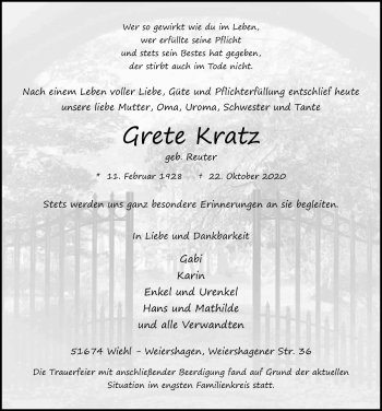 Anzeige von Grete Kratz von  Anzeigen Echo  Lokalanzeiger 