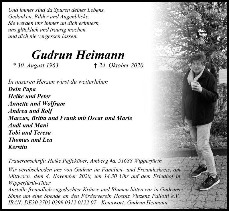  Traueranzeige für Gudrun Heimann vom 28.10.2020 aus Kölner Stadt-Anzeiger / Kölnische Rundschau / Express