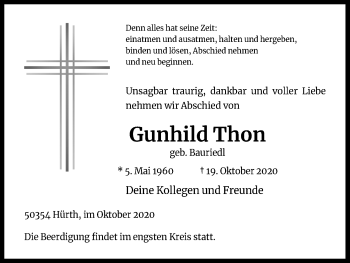 Anzeige von Gunhild Thon von Kölner Stadt-Anzeiger / Kölnische Rundschau / Express