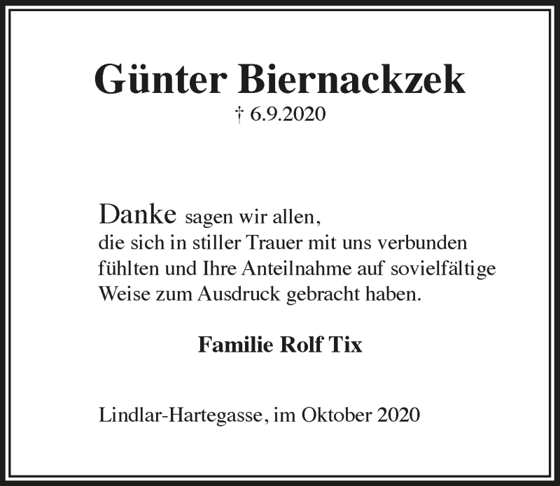 Traueranzeige für Günter Biernackzek vom 16.10.2020 aus  Anzeigen Echo 
