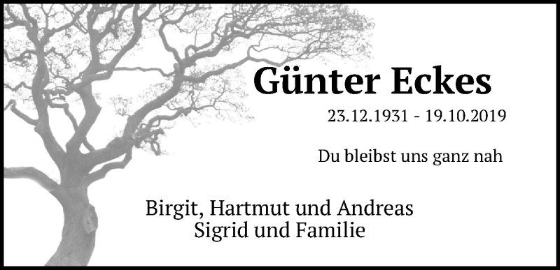  Traueranzeige für Günter Eckes vom 19.10.2020 aus Kölner Stadt-Anzeiger / Kölnische Rundschau / Express