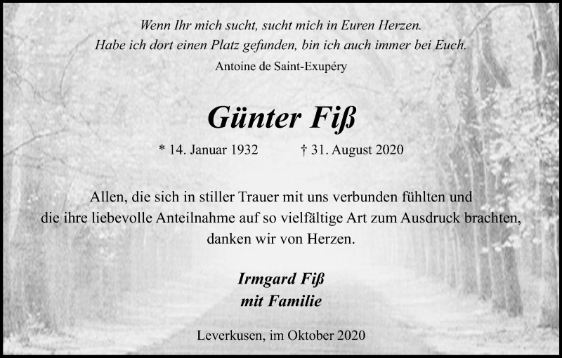  Traueranzeige für Günter Fiß vom 10.10.2020 aus Kölner Stadt-Anzeiger / Kölnische Rundschau / Express