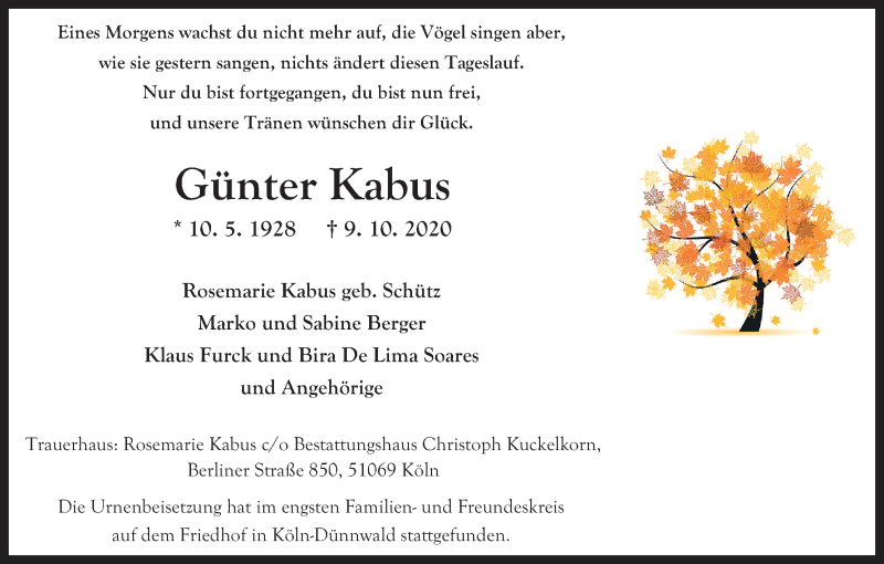  Traueranzeige für Günter Kabus vom 31.10.2020 aus Kölner Stadt-Anzeiger / Kölnische Rundschau / Express
