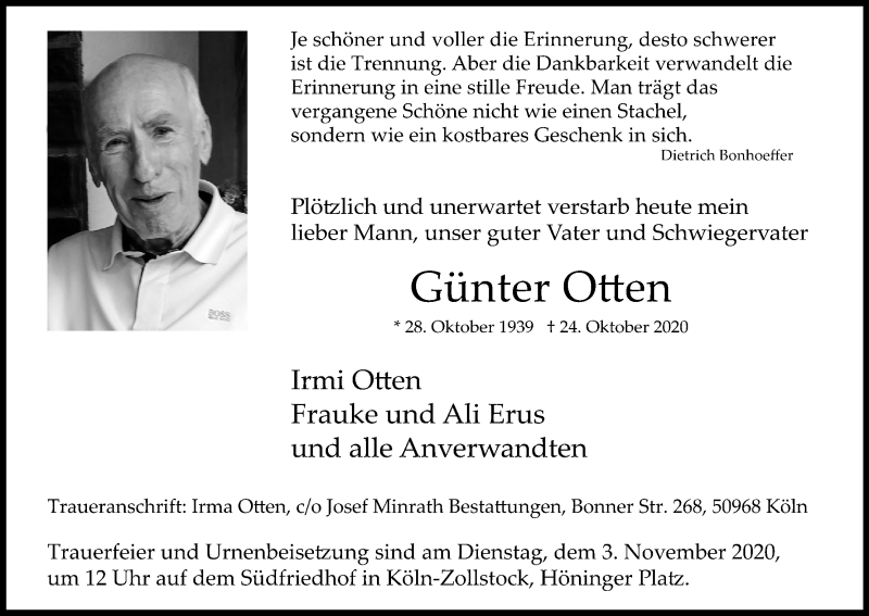  Traueranzeige für Günter Otten vom 31.10.2020 aus Kölner Stadt-Anzeiger / Kölnische Rundschau / Express