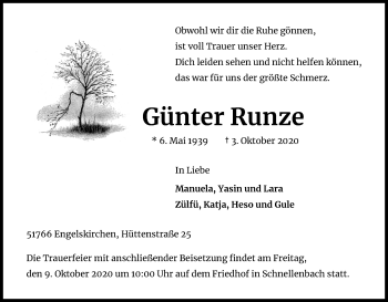 Anzeige von Günter Runze von Kölner Stadt-Anzeiger / Kölnische Rundschau / Express