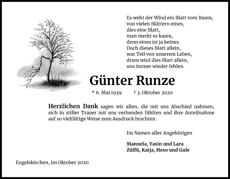  Traueranzeige für Günter Runze vom 23.10.2020 aus Kölner Stadt-Anzeiger / Kölnische Rundschau / Express