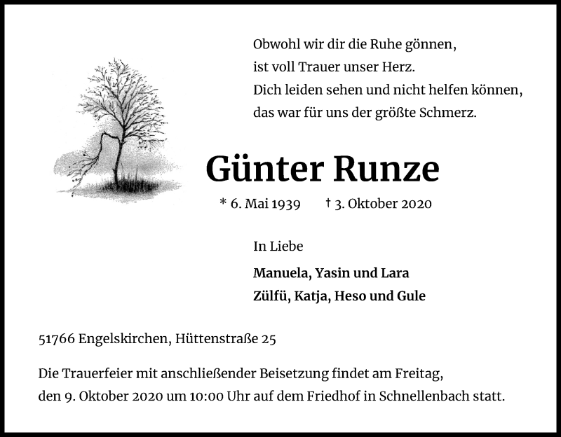  Traueranzeige für Günter Runze vom 08.10.2020 aus Kölner Stadt-Anzeiger / Kölnische Rundschau / Express