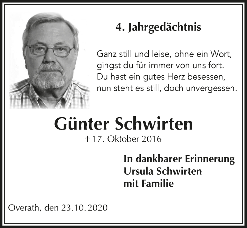  Traueranzeige für Günter Schwirten vom 23.10.2020 aus  Bergisches Handelsblatt 