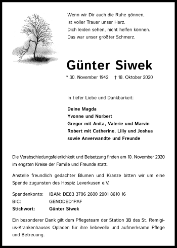 Anzeige von Günter Siwek von Kölner Stadt-Anzeiger / Kölnische Rundschau / Express