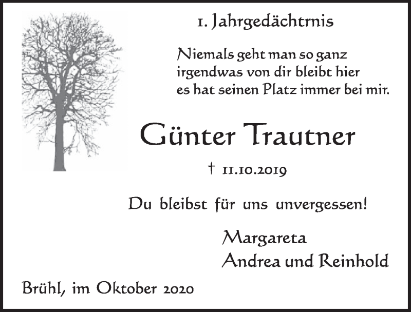  Traueranzeige für Günter Trautner vom 16.10.2020 aus  Schlossbote/Werbekurier 