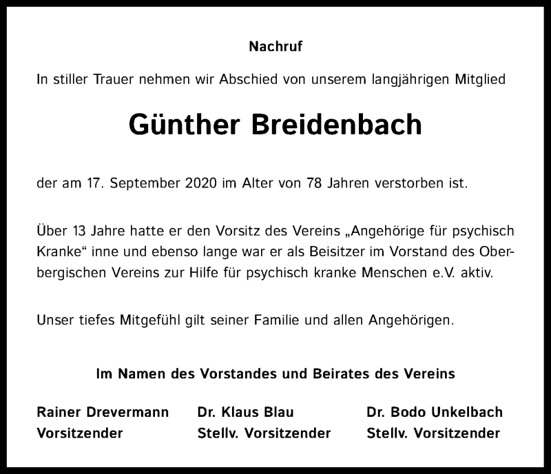  Traueranzeige für Günther Breidenbach vom 17.10.2020 aus Kölner Stadt-Anzeiger / Kölnische Rundschau / Express