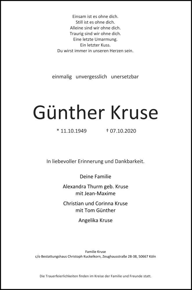  Traueranzeige für Günther Kruse vom 17.10.2020 aus Kölner Stadt-Anzeiger / Kölnische Rundschau / Express