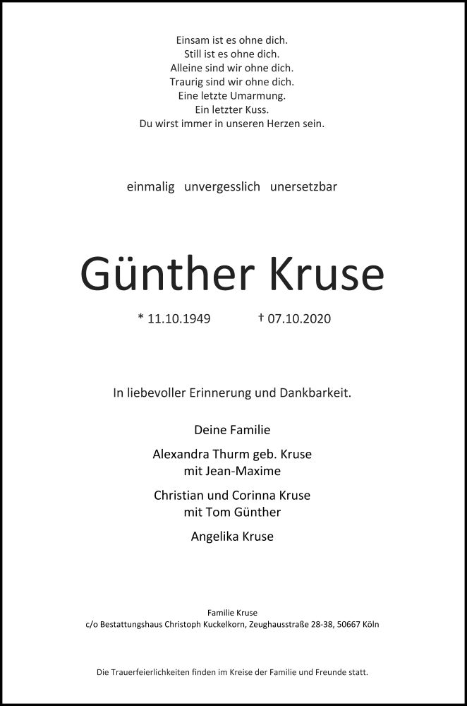 Traueranzeigen Von Günther Kruse Wirtrauern 