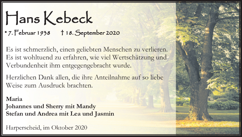  Traueranzeige für HAns Kebeck vom 24.10.2020 aus Kölner Stadt-Anzeiger / Kölnische Rundschau / Express