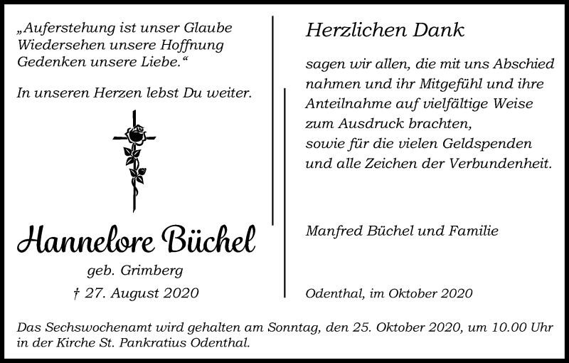  Traueranzeige für Hannelore Büchel vom 10.10.2020 aus Kölner Stadt-Anzeiger / Kölnische Rundschau / Express