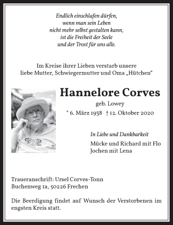 Anzeige von Hannelore Corves von  Wochenende 
