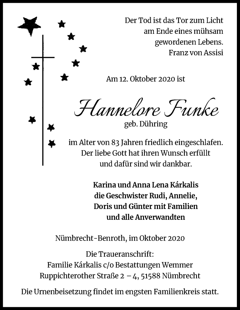  Traueranzeige für Hannelore Funke vom 21.10.2020 aus Kölner Stadt-Anzeiger / Kölnische Rundschau / Express