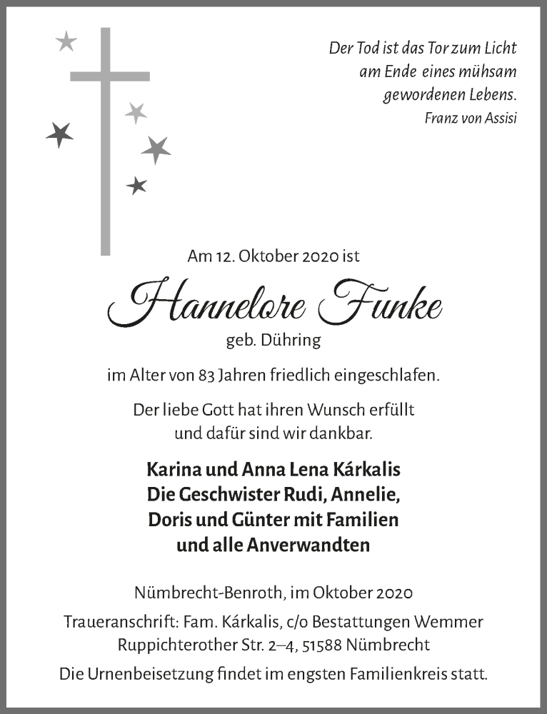  Traueranzeige für Hannelore Funke vom 23.10.2020 aus  Lokalanzeiger 