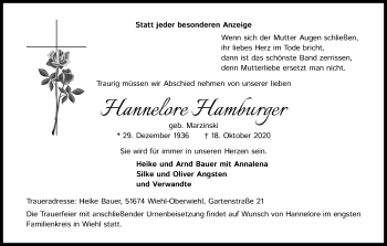 Anzeige von Hannelore Hamburger von Kölner Stadt-Anzeiger / Kölnische Rundschau / Express