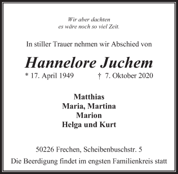 Anzeige von Hannelore Juchem von  Wochenende 