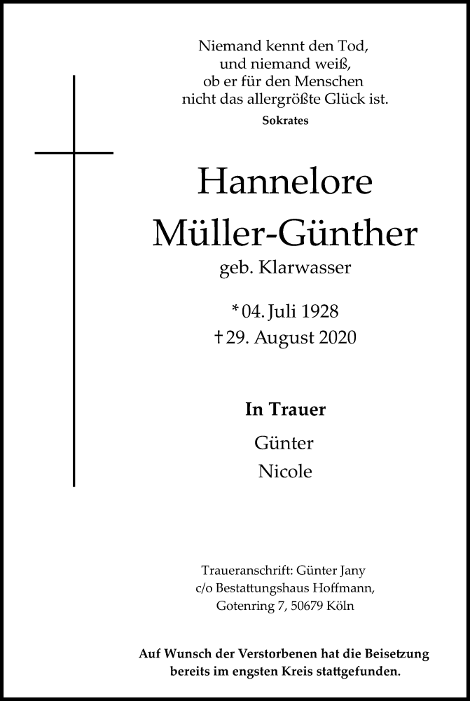  Traueranzeige für Hannelore Müller-Günther vom 17.10.2020 aus Kölner Stadt-Anzeiger / Kölnische Rundschau / Express