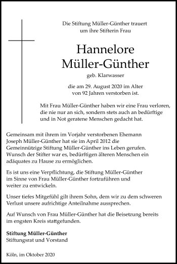 Anzeige von Hannelore Müller-Günther von Kölner Stadt-Anzeiger / Kölnische Rundschau / Express