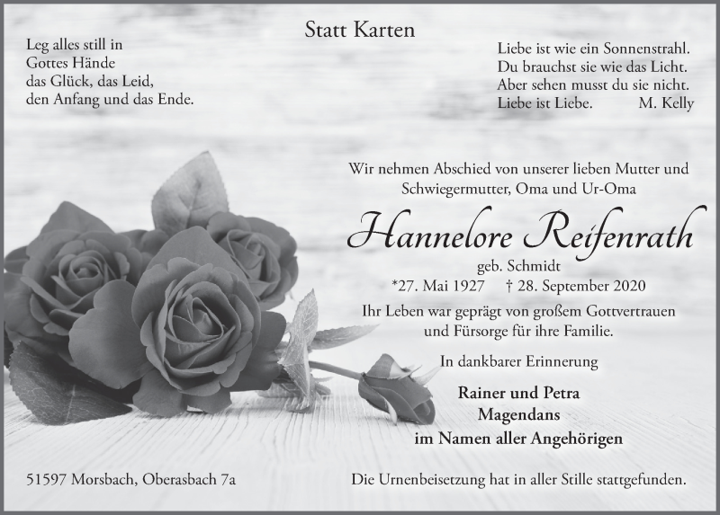  Traueranzeige für Hannelore Reifenrath vom 09.10.2020 aus  Lokalanzeiger 