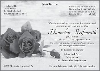 Anzeige von Hannelore Reifenrath von  Lokalanzeiger 