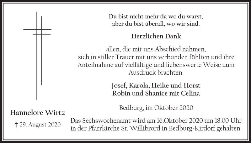  Traueranzeige für Hannelore Wirtz vom 09.10.2020 aus  Werbepost 