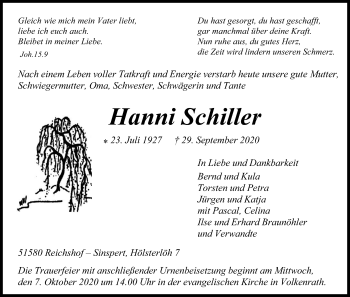 Anzeige von Hanni Schiller von Kölner Stadt-Anzeiger / Kölnische Rundschau / Express