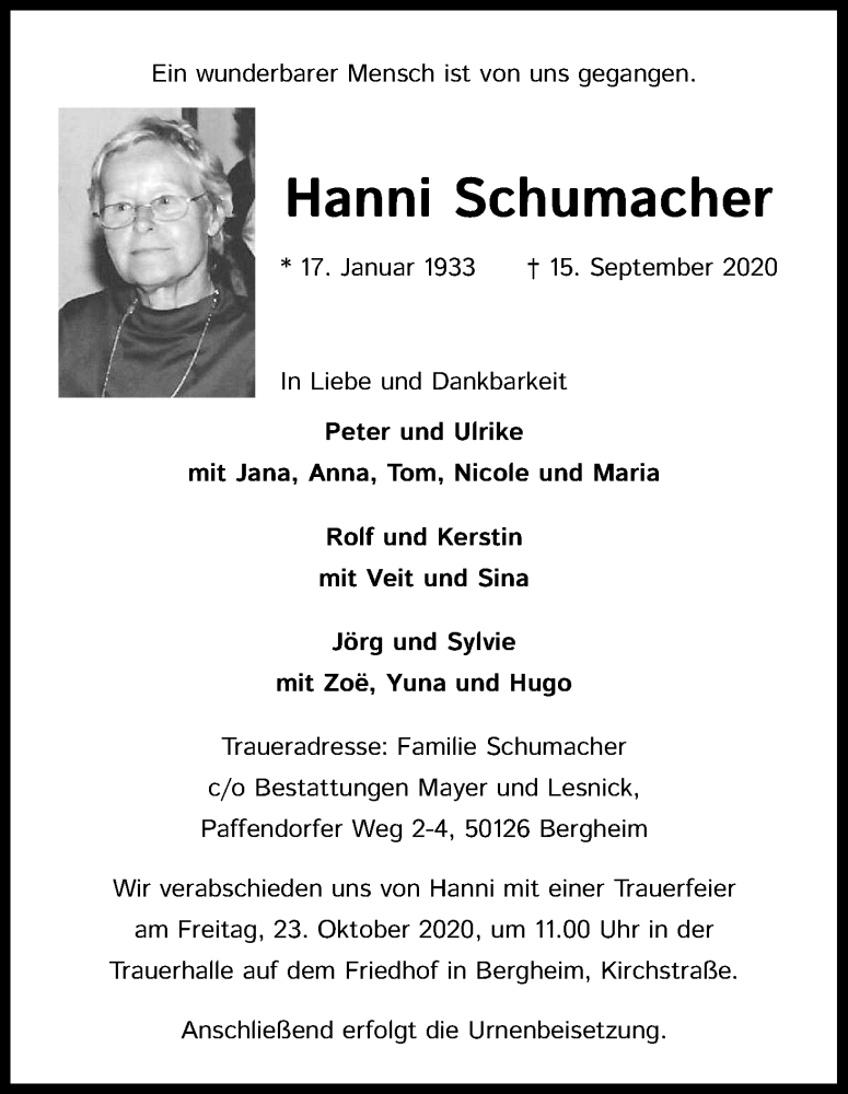  Traueranzeige für Hanni Schumacher vom 03.10.2020 aus Kölner Stadt-Anzeiger / Kölnische Rundschau / Express