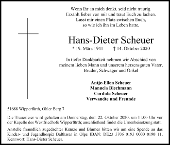 Anzeige von Hans-Dieter Scheuer von Kölner Stadt-Anzeiger / Kölnische Rundschau / Express