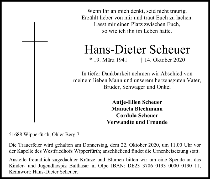  Traueranzeige für Hans-Dieter Scheuer vom 17.10.2020 aus Kölner Stadt-Anzeiger / Kölnische Rundschau / Express