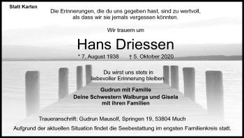 Anzeige von Hans Driessen von Kölner Stadt-Anzeiger / Kölnische Rundschau / Express
