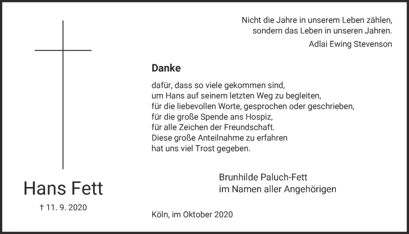  Traueranzeige für Hans Fett vom 16.10.2020 aus  Kölner Wochenspiegel 