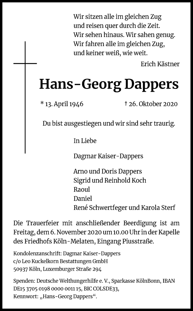  Traueranzeige für Hans-Georg Dappers vom 31.10.2020 aus Kölner Stadt-Anzeiger / Kölnische Rundschau / Express