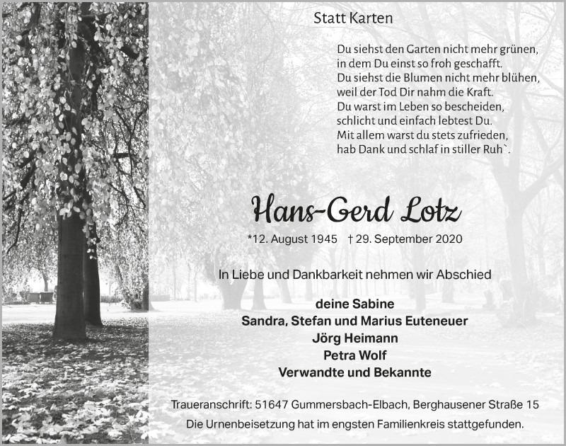  Traueranzeige für Hans-Gerd Lotz vom 09.10.2020 aus  Anzeigen Echo 