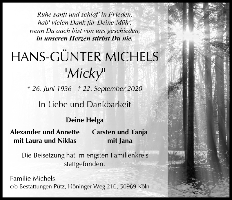  Traueranzeige für Hans-Günter Michels vom 10.10.2020 aus Kölner Stadt-Anzeiger / Kölnische Rundschau / Express