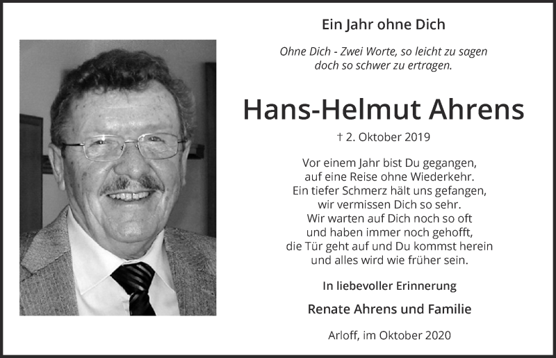  Traueranzeige für Hans-Helmut Ahrens vom 02.10.2020 aus  Blickpunkt Euskirchen 